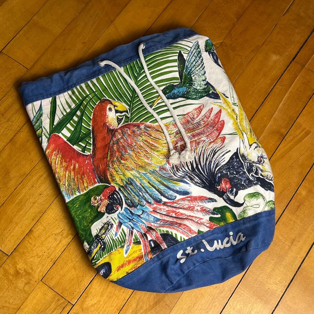 Vintage St. Lucia Sea Island Cotton Shop Tropical Drawstring Beach Bag
